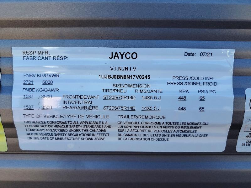 57387216 :رقم المزاد ، 1UJBJ0BN8N17V0245 vin ، 2022 Jaco Jay Flight Trv Trail مزاد بيع