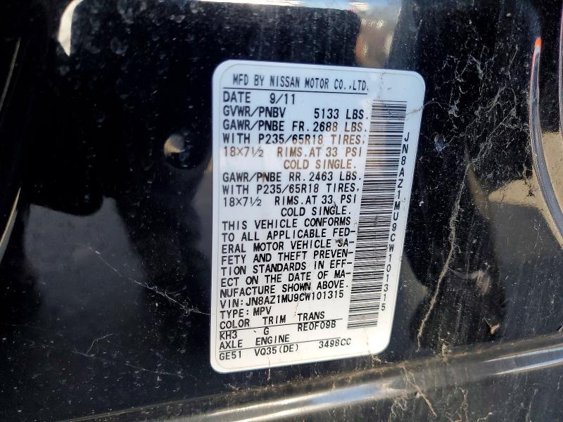 2012 Nissan Murano მანქანა იყიდება აუქციონზე, vin: JN8AZ1MU9CW101315, აუქციონის ნომერი: 56863896