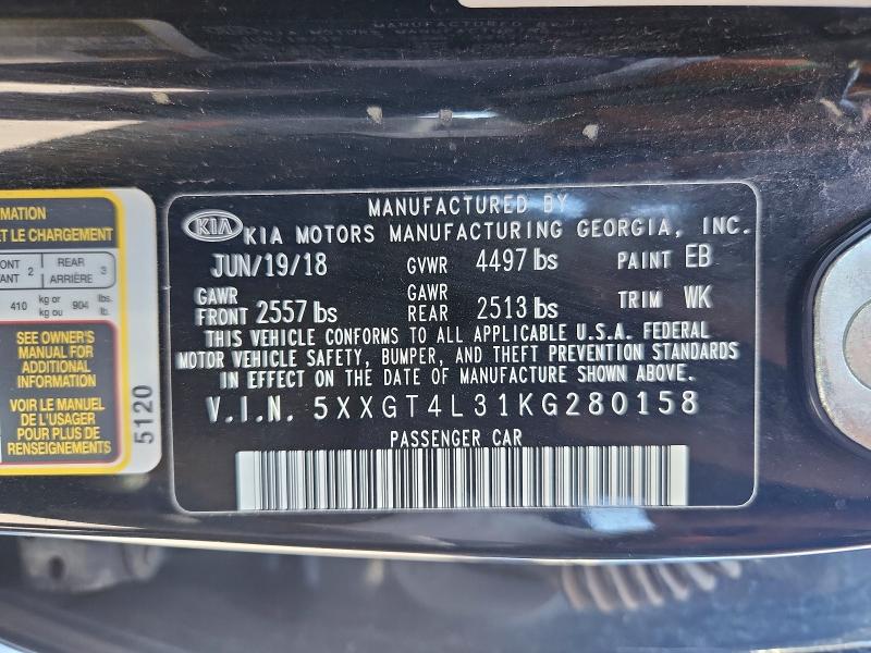 2019 Kia Optima მანქანა იყიდება აუქციონზე, vin: 5XXGT4L31KG280158, აუქციონის ნომერი: 58625186