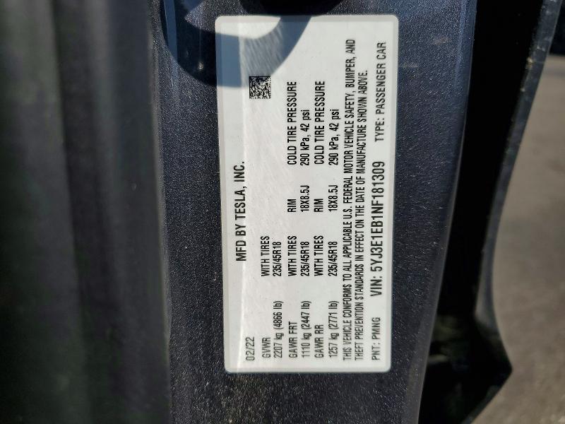 Продажа на аукционе авто 2022 Tesla Model 3, vin: 5YJ3E1EB1NF181309, номер лота: 57944266
