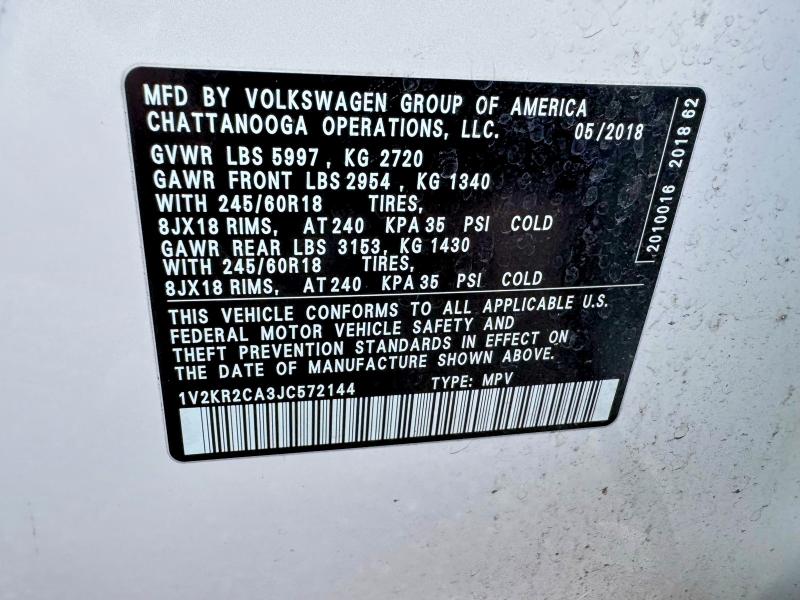 2018 Volkswagen Atlas მანქანა იყიდება აუქციონზე, vin: 1V2KR2CA3JC572144, აუქციონის ნომერი: 55476416