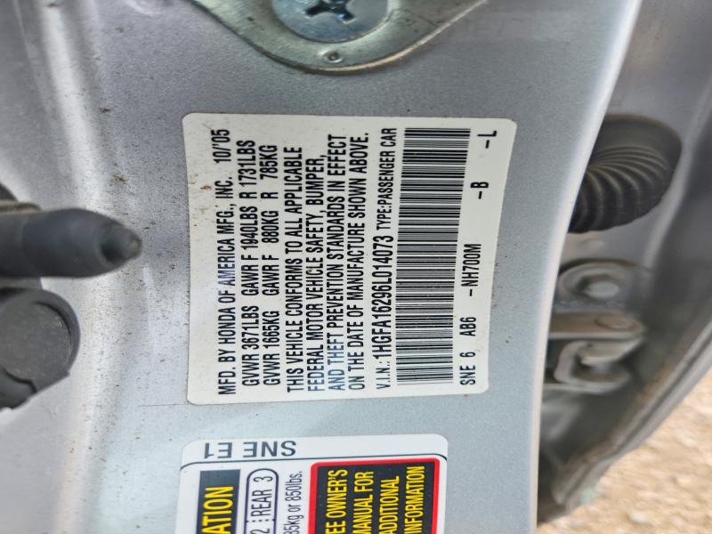 2006 Honda Civic მანქანა იყიდება აუქციონზე, vin: 1HGFA16296L014073, აუქციონის ნომერი: 56346956