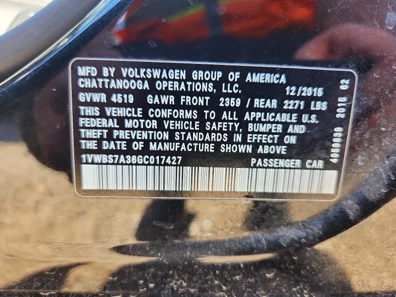 Auction sale of the 2016 Volkswagen Passat, vin: 1VWBS7A36GC017427, lot number: 56326346