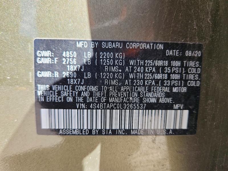 Продаж на аукціоні авто 2020 Subaru Outback, vin: 4S4BTAPC0L3265537, номер лоту: 56473646