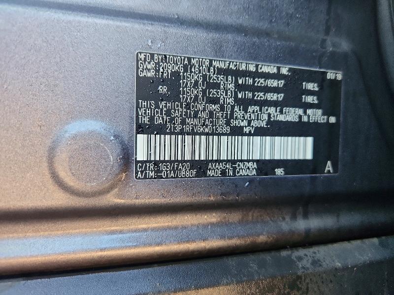Aukcja sprzedaży 2019 Toyota Rav4, vin: 2T3P1RFV6KW013689, numer aukcji: 58589066