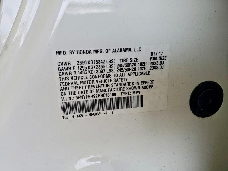 Aukcja sprzedaży 2017 Honda Pilot, vin: 5FNYF6H92HB013109, numer aukcji: 57591346