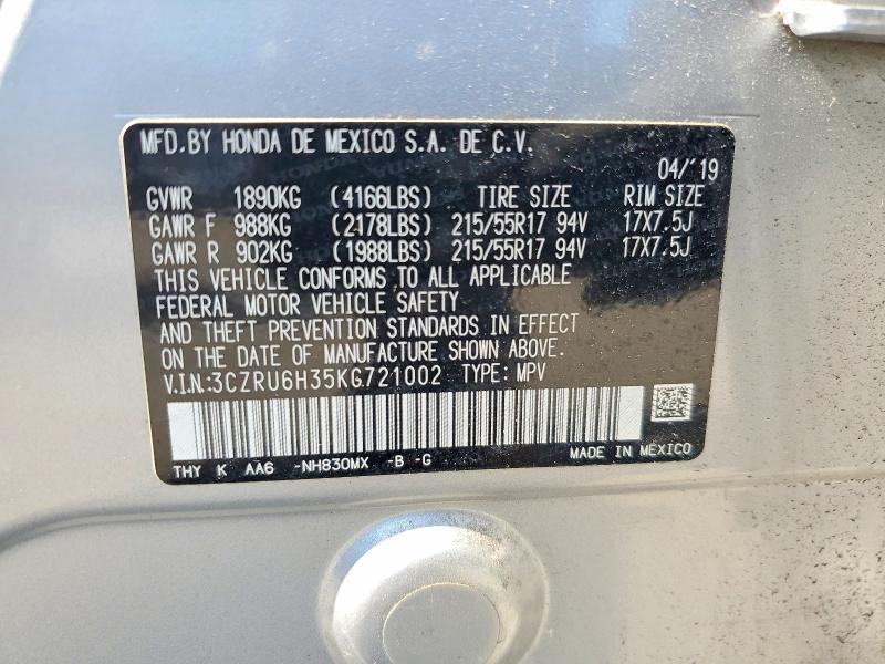 58279366 :رقم المزاد ، 3CZRU6H35KG721002 vin ، 2019 Honda Hr-v مزاد بيع
