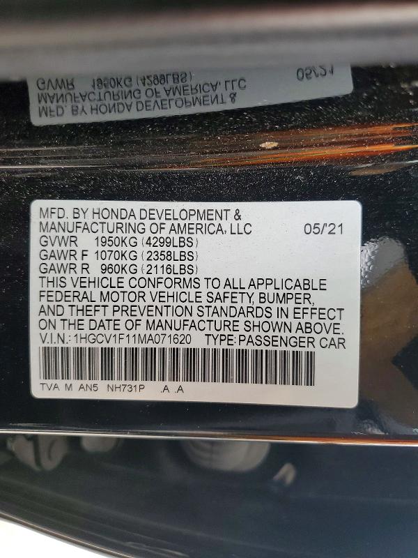 2021 Honda Accord მანქანა იყიდება აუქციონზე, vin: 1HGCV1F11MA071620, აუქციონის ნომერი: 58797336