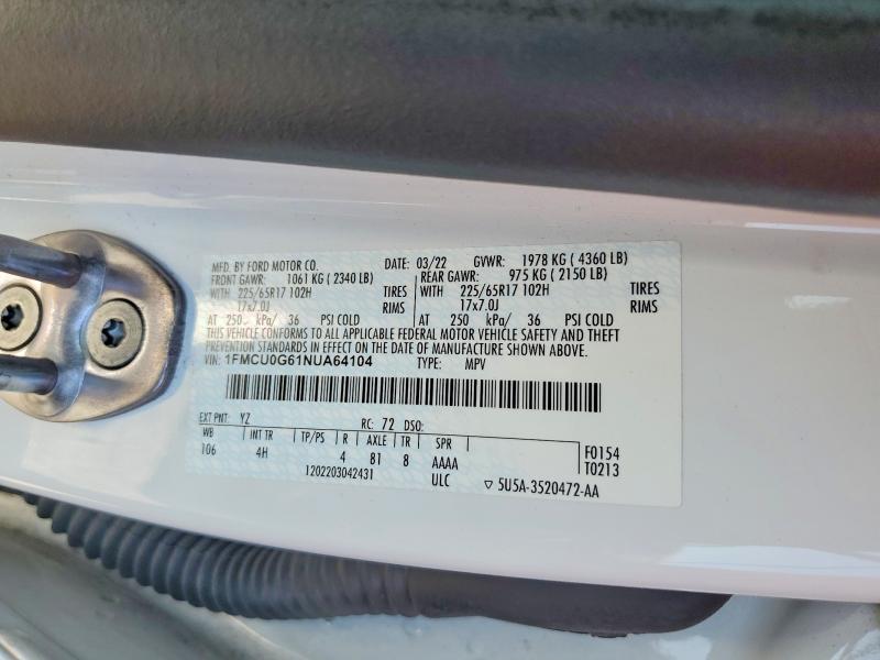 Aukcja sprzedaży 2022 Ford Escape, vin: 1FMCU0G61NUA64104, numer aukcji: 58099676