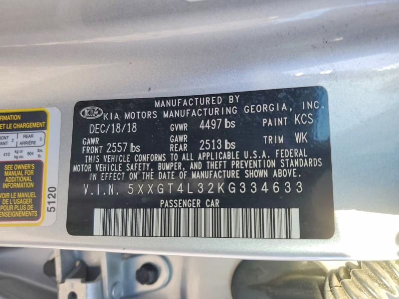 2019 Kia Optima მანქანა იყიდება აუქციონზე, vin: 5XXGT4L32KG334633, აუქციონის ნომერი: 54003706