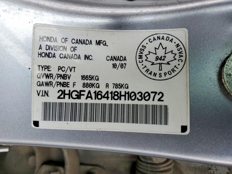2008 Honda Civic მანქანა იყიდება აუქციონზე, vin: 2HGFA16418H103072, აუქციონის ნომერი: 56691326