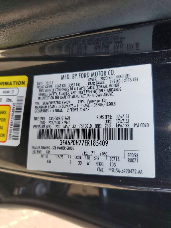 2014 Ford Fusion მანქანა იყიდება აუქციონზე, vin: 3FA6P0H77ER185409, აუქციონის ნომერი: 59253086