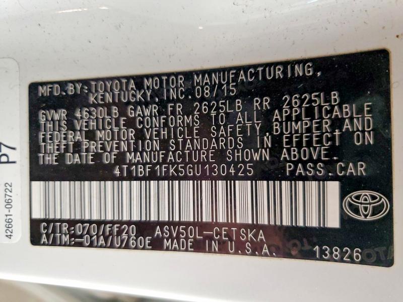 85602845 :رقم المزاد ، 4T1BF1FK5GU130425 vin ، 2016 Toyota Camry مزاد بيع