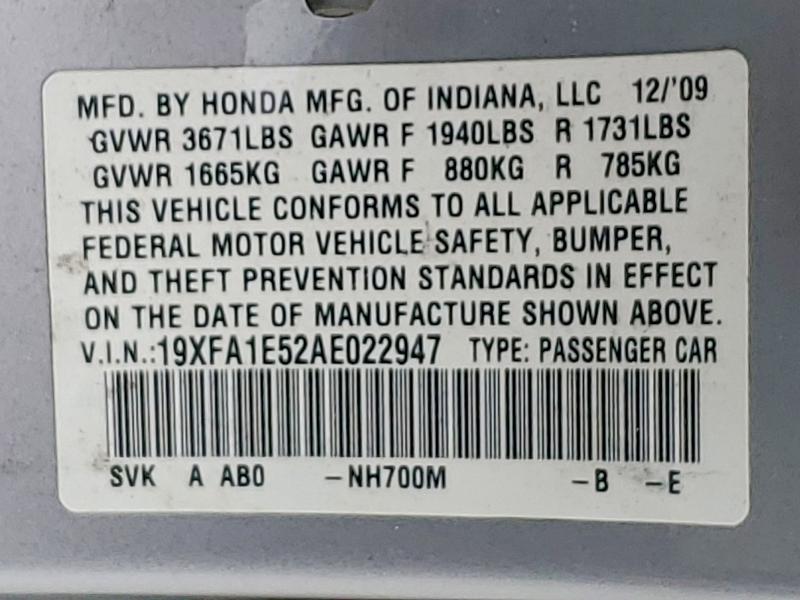 2010 Honda Civic მანქანა იყიდება აუქციონზე, vin: 19XFA1E52AE022947, აუქციონის ნომერი: 59096396