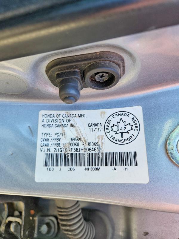 2018 Honda Civic მანქანა იყიდება აუქციონზე, vin: 2HGFC2F58JH006465, აუქციონის ნომერი: 55788896