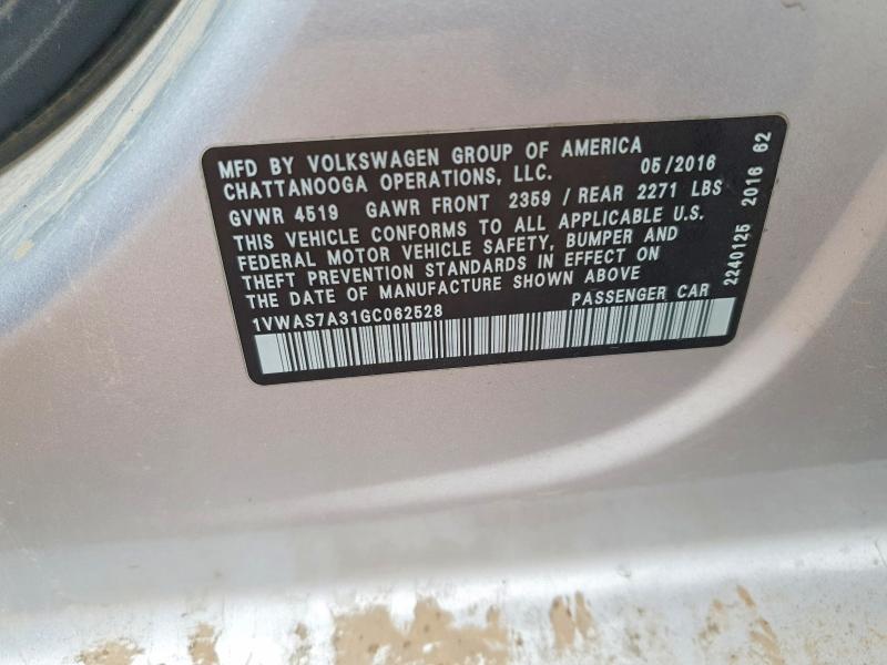 Продажа на аукционе авто 2016 Volkswagen Passat, vin: 1VWAS7A31GC062528, номер лота: 55739376