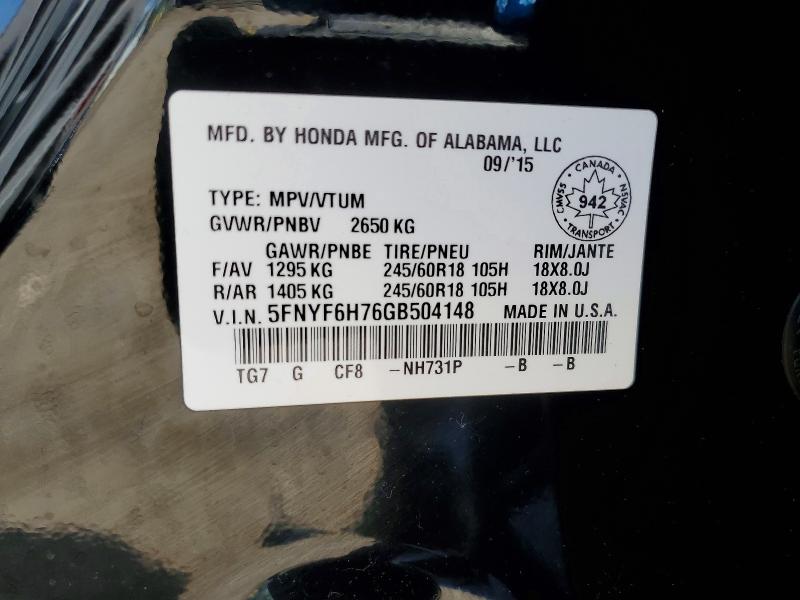 Продаж на аукціоні авто 2016 Honda Pilot, vin: 5FNYF6H76GB504148, номер лоту: 58128246