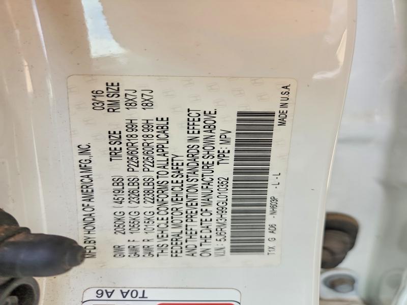Aukcja sprzedaży 2016 Honda Cr-v, vin: 5J6RM3H99GL010352, numer aukcji: 85450935