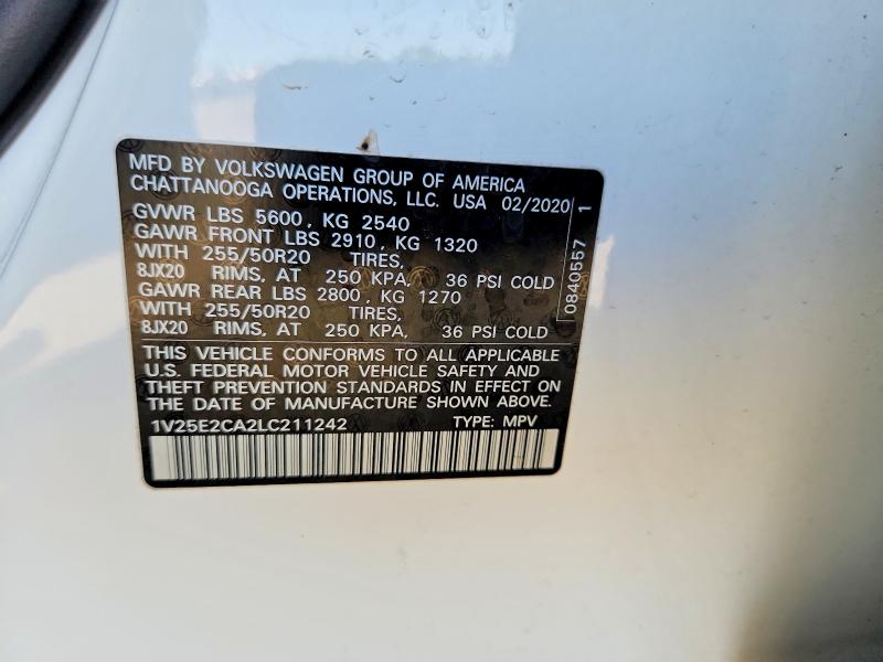 2020 Volkswagen Atlas Cross Sport მანქანა იყიდება აუქციონზე, vin: 1V25E2CA2LC211242, აუქციონის ნომერი: 56088196
