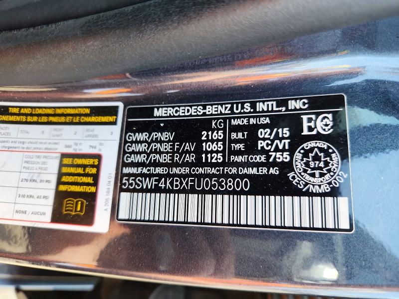 Продажа на аукционе авто 2015 Mercedes-benz C, vin: 55SWF4KBXFU053800, номер лота: 55075306