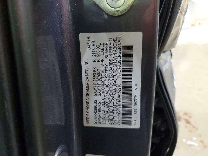 Продаж на аукціоні авто 2018 Honda Accord, vin: 1HGCV1F18JA152240, номер лоту: 55888326