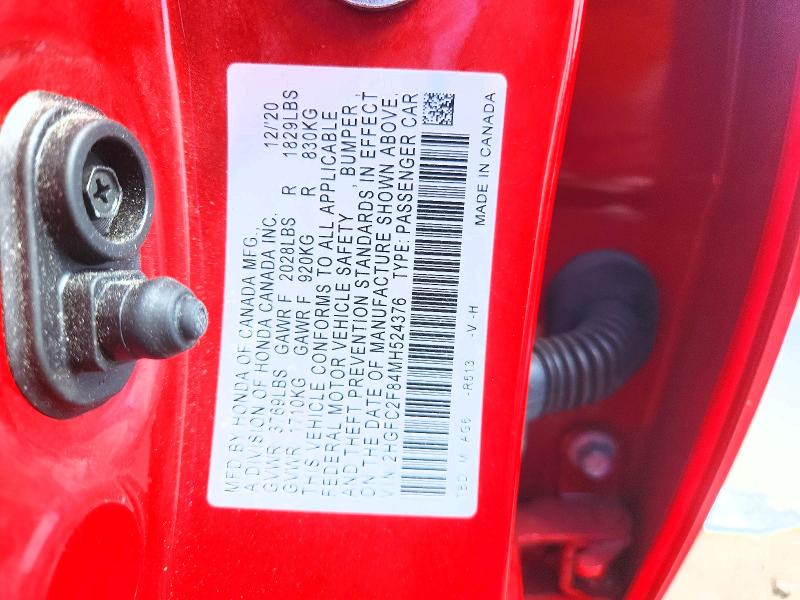 Продаж на аукціоні авто 2021 Honda Civic, vin: 2HGFC2F84MH524376, номер лоту: 56371676