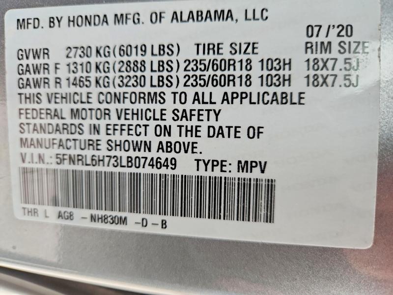 Aukcja sprzedaży 2020 Honda Odyssey, vin: 5FNRL6H73LB074649, numer aukcji: 58882486