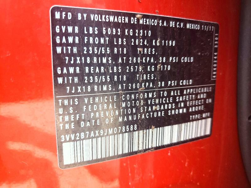Aukcja sprzedaży 2018 Volkswagen Tiguan, vin: 3VV2B7AX9JM078588, numer aukcji: 56454376