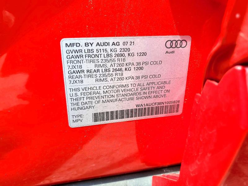 57719696 :رقم المزاد ، WA1AUCF38N1005826 vin ، 2022 Audi Q3 مزاد بيع