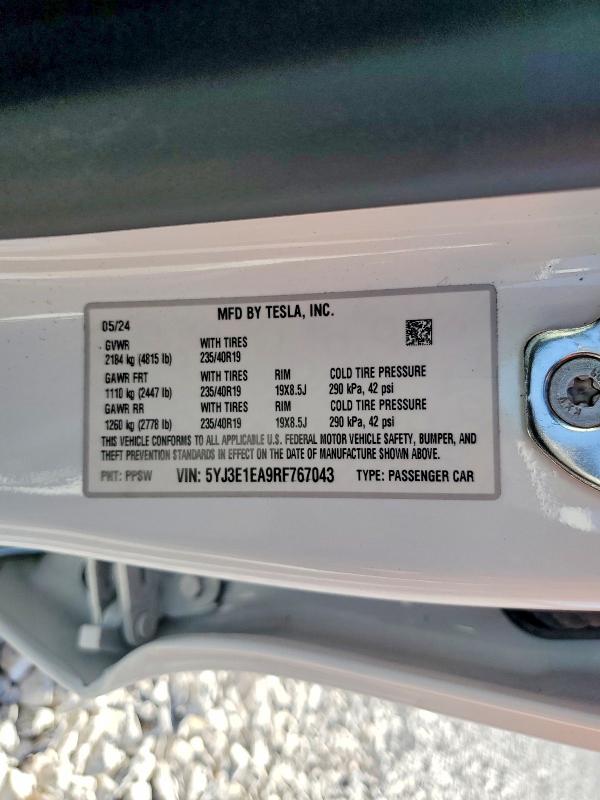 57735136 :رقم المزاد ، 5YJ3E1EA9RF767043 vin ، 2024 Tesla Model 3 مزاد بيع