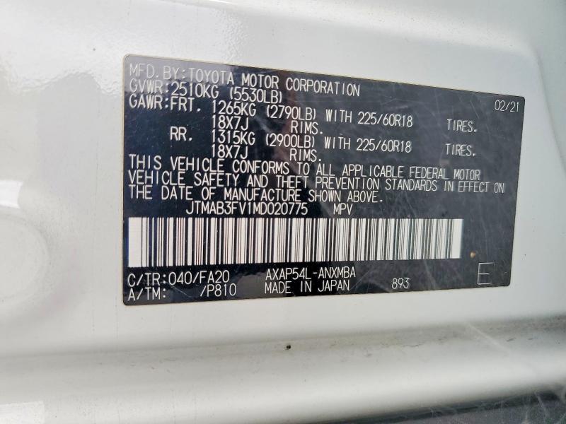 57583666 :رقم المزاد ، JTMAB3FV1MD020775 vin ، 2021 Toyota Rav4 Prime مزاد بيع