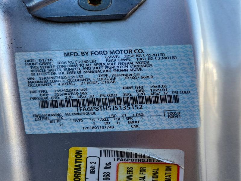 2018 Ford Mustang მანქანა იყიდება აუქციონზე, vin: 1FA6P8TH5J5135152, აუქციონის ნომერი: 56117926