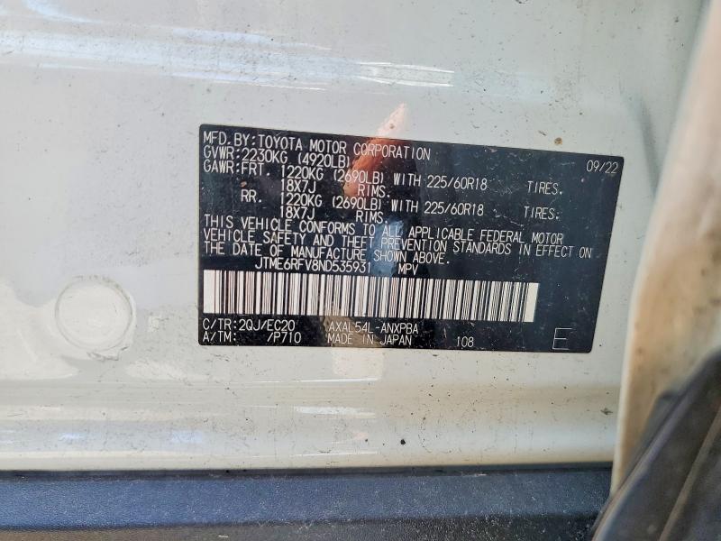 54274946 :رقم المزاد ، JTME6RFV8ND535931 vin ، 2022 Toyota Rav4 مزاد بيع