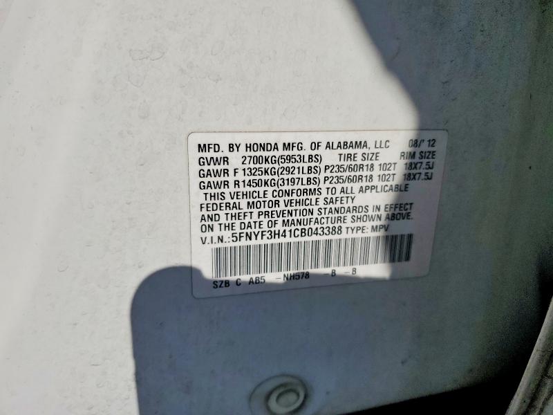55740746 :رقم المزاد ، 5FNYF3H41CB043388 vin ، 2012 Honda Pilot مزاد بيع