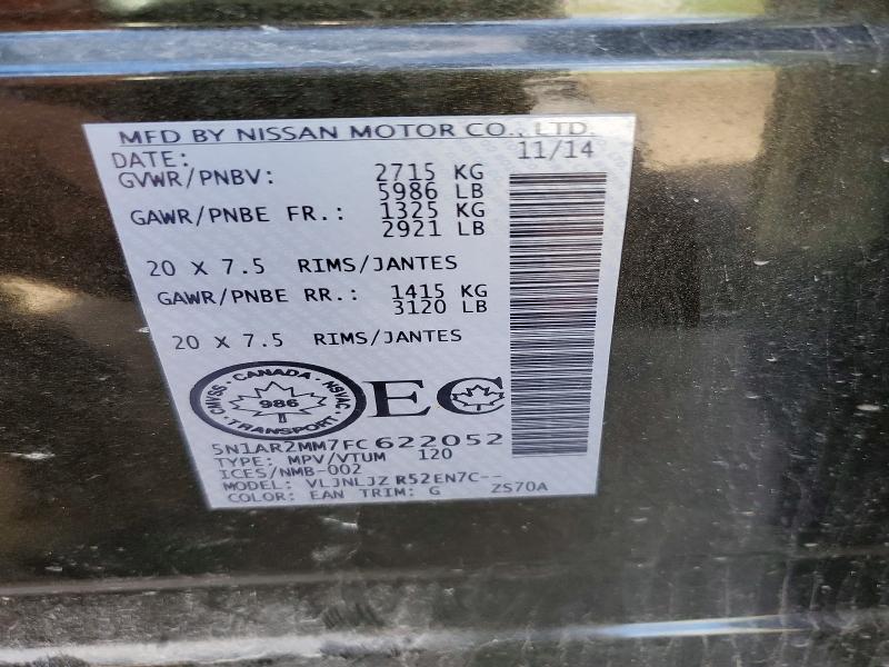 56773116 :رقم المزاد ، 5N1AR2MM7FC622052 vin ، 2015 Nissan Pathfinder مزاد بيع