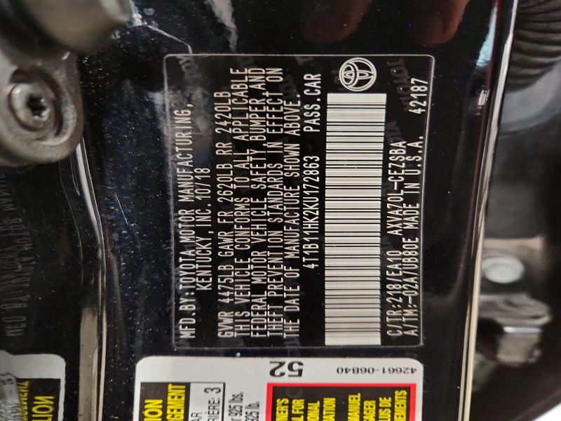 58006326 :رقم المزاد ، 4T1B11HK2KU172863 vin ، 2019 Toyota Camry مزاد بيع