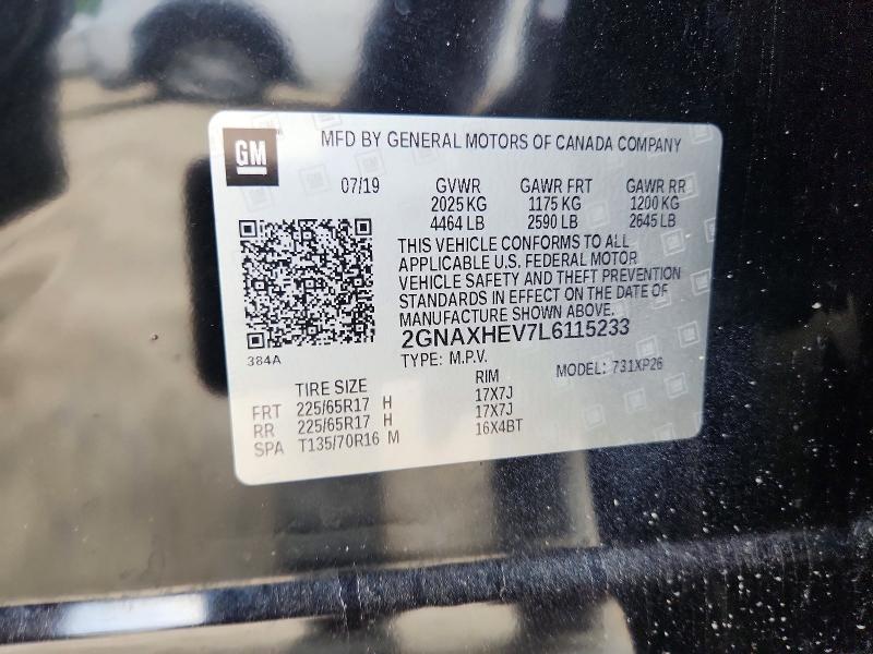 Aukcja sprzedaży 2020 Chevrolet Equinox, vin: 2GNAXHEV7L6115233, numer aukcji: 58096756