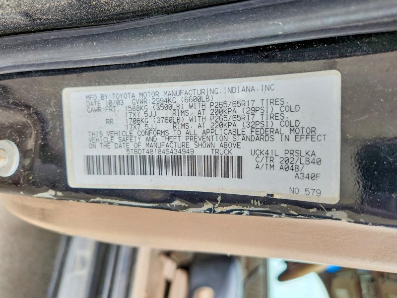 56883976 :رقم المزاد ، 5TBDT48184S434949 vin ، 2004 Toyota Tundra مزاد بيع