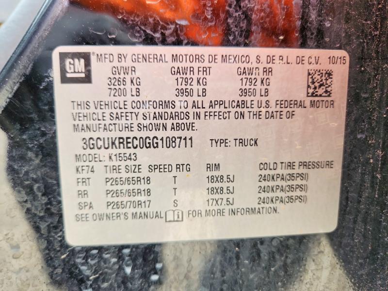 Aukcja sprzedaży 2016 Chevrolet Silverado, vin: 3GCUKREC0GG108711, numer aukcji: 56696996