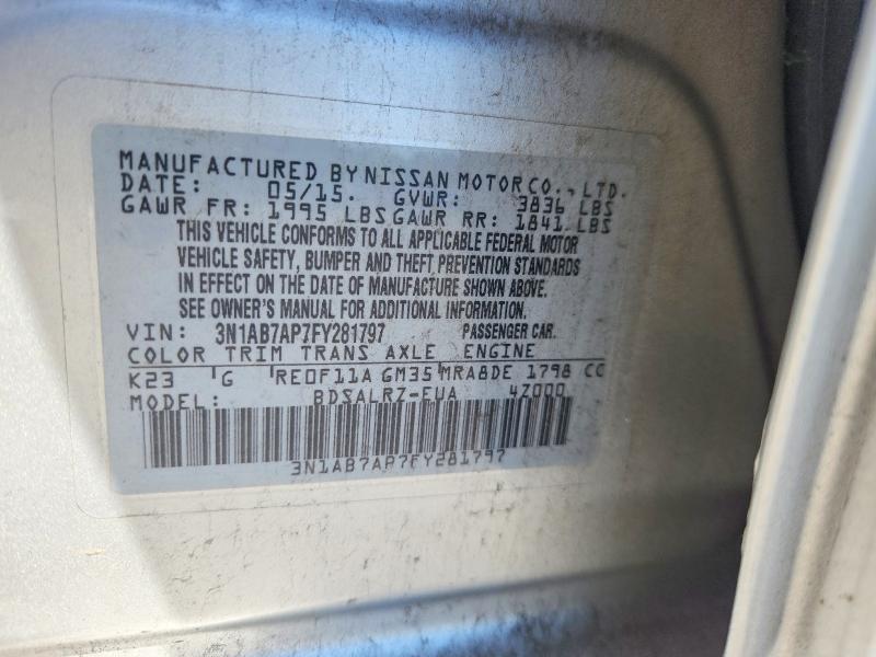 2015 Nissan Sentra მანქანა იყიდება აუქციონზე, vin: 3N1AB7AP7FY281797, აუქციონის ნომერი: 55791486