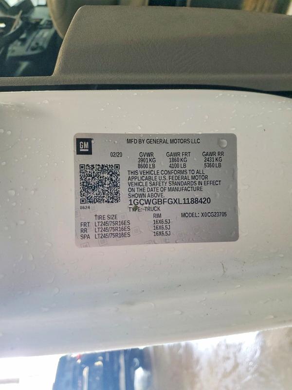 2020 Chevrolet Express G2500 მანქანა იყიდება აუქციონზე, vin: 1GCWGBFGXL1188420, აუქციონის ნომერი: 58754316