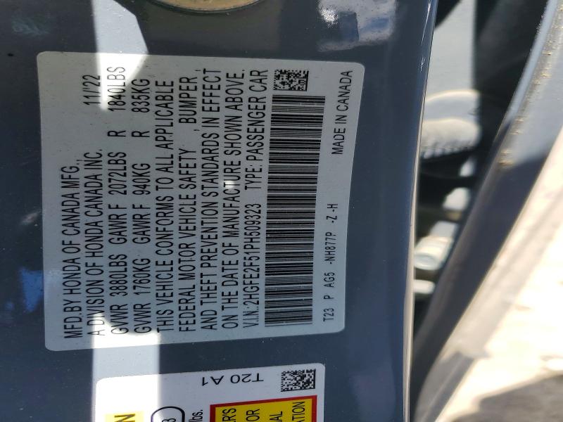 57220446 :رقم المزاد ، 2HGFE2F51PH509323 vin ، 2023 Honda Civic مزاد بيع