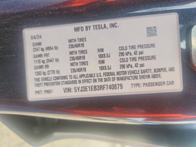 57638896 :رقم المزاد ، 5YJ3E1EB3RF740879 vin ، 2024 Tesla Model 3 مزاد بيع