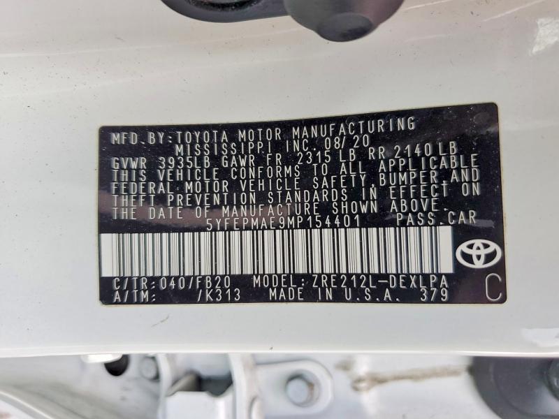 Aukcja sprzedaży 2021 Toyota Corolla, vin: 5YFEPMAE9MP154401, numer aukcji: 56429356