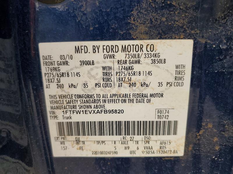 Продажа на аукционе авто 2010 Ford F150, vin: 1FTFW1EVXAFB95820, номер лота: 58150046