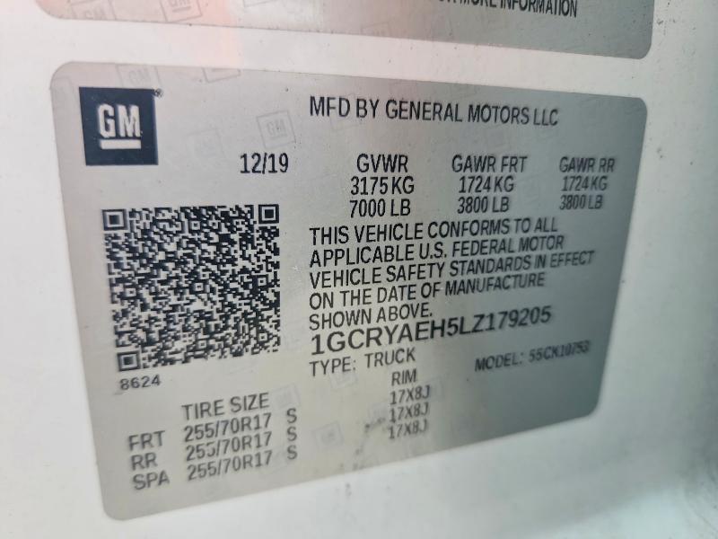 2020 Chevrolet Silverado მანქანა იყიდება აუქციონზე, vin: 1GCRYAEH5LZ179205, აუქციონის ნომერი: 55675646