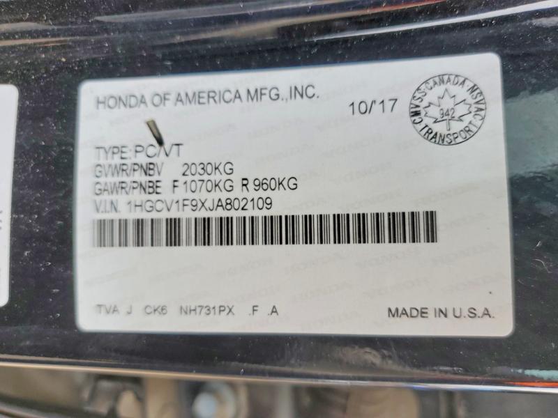 Auction sale of the 2018 Honda Accord, vin: 1HGCV1F9XJA802109, lot number: 58932876