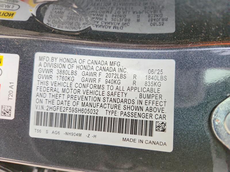 57862956 :رقم المزاد ، 2HGFE2F59SH605032 vin ، 2025 Honda Civic مزاد بيع