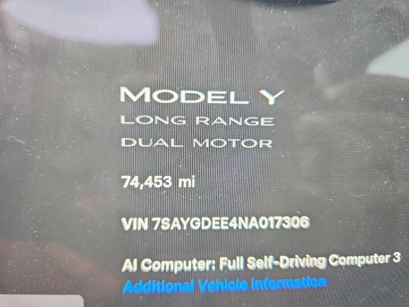57996466 :رقم المزاد ، 7SAYGDEE4NA017306 vin ، 2022 Tesla Model Y مزاد بيع