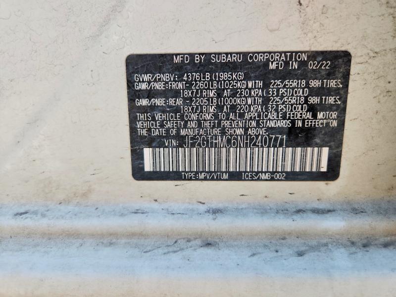 57430166 :رقم المزاد ، JF2GTHMC6NH240771 vin ، 2022 Subaru Crosstrek مزاد بيع